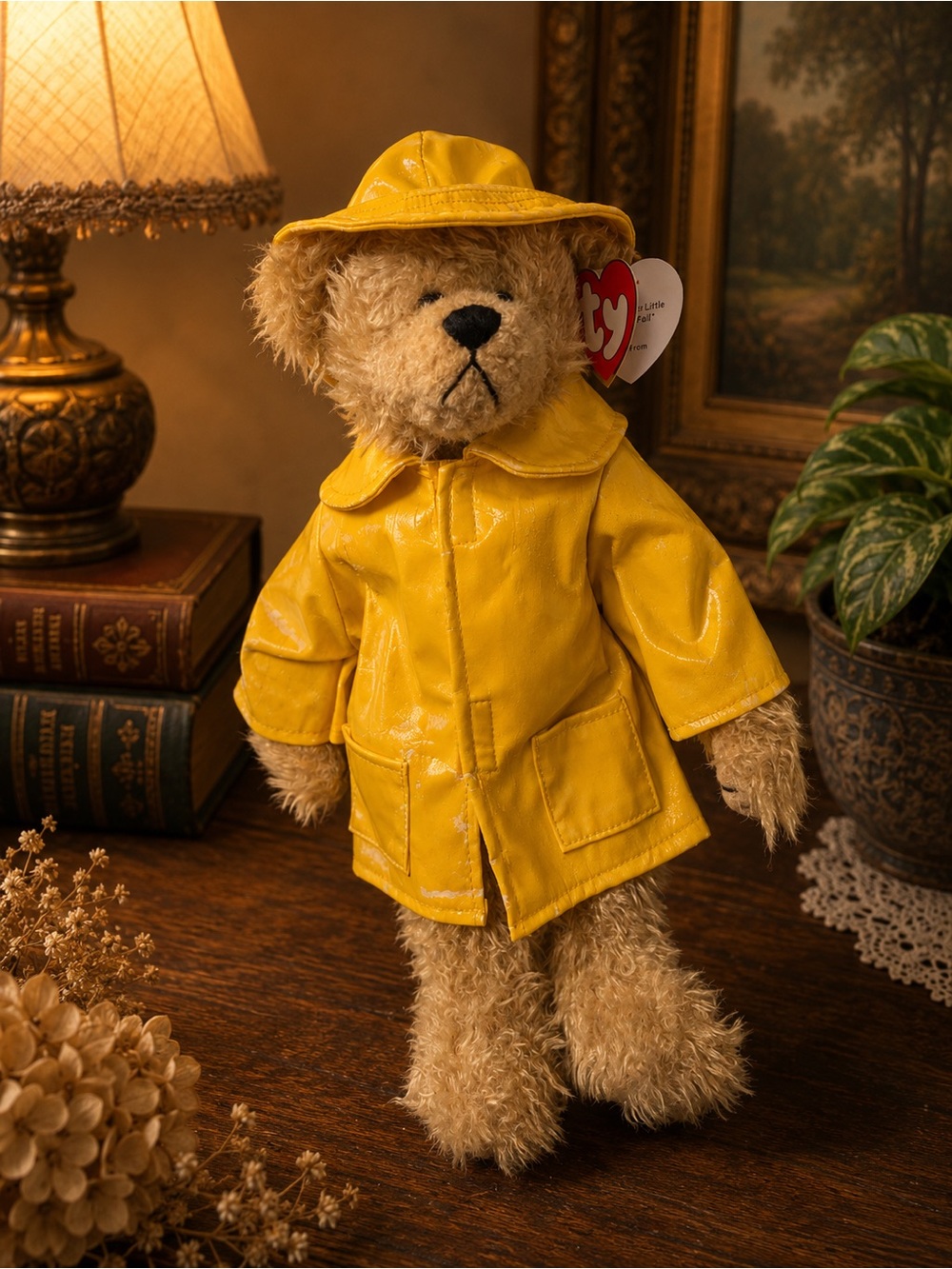 Ty Plush Teddy Bear in Bright Yellow Raincoat and Hat - jacket has age damage